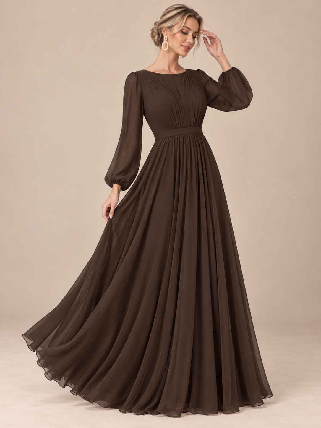 Women’s Sage Green Elegant Chiffon Round Neck Long Sleeve A-Line Maxi Dress with Ruched Waist Detail