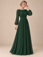 Women’s Sage Green Elegant Chiffon Round Neck Long Sleeve A-Line Maxi Dress with Ruched Waist Detail