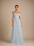 Women’s Light Gray Romantic Chiffon Off Shoulder Draped Sleeve A-Line Maxi Dress