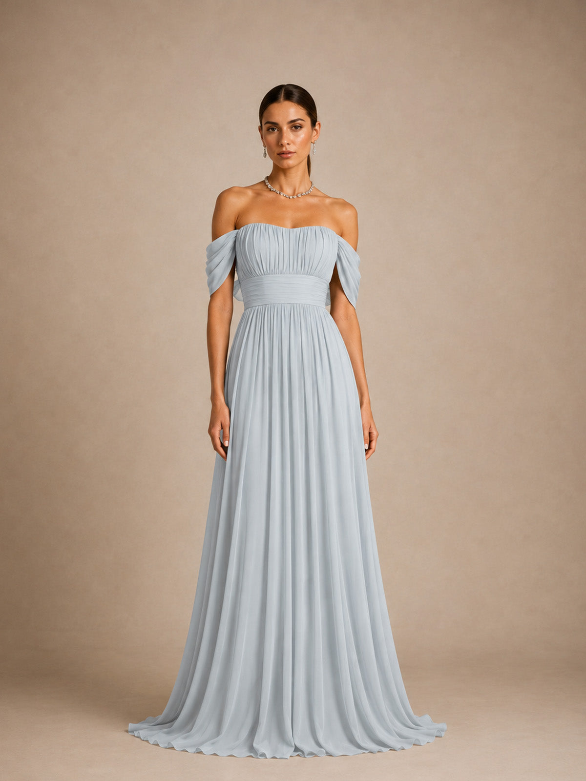 Women’s Light Gray Romantic Chiffon Off Shoulder Draped Sleeve A-Line Maxi Dress