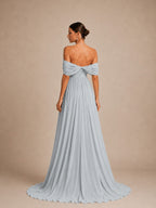 Women’s Light Gray Romantic Chiffon Off Shoulder Draped Sleeve A-Line Maxi Dress