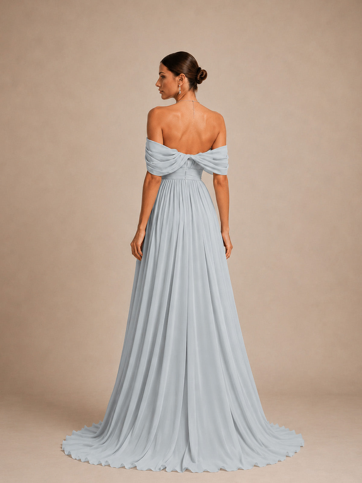 Women’s Light Gray Romantic Chiffon Off Shoulder Draped Sleeve A-Line Maxi Dress