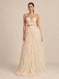 Women’s Beige Romantic Tulle Sweetheart Neck Sleeveless A-Line Maxi Dress Set