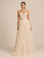 Women’s Beige Romantic Tulle Sweetheart Neck Sleeveless A-Line Maxi Dress Set