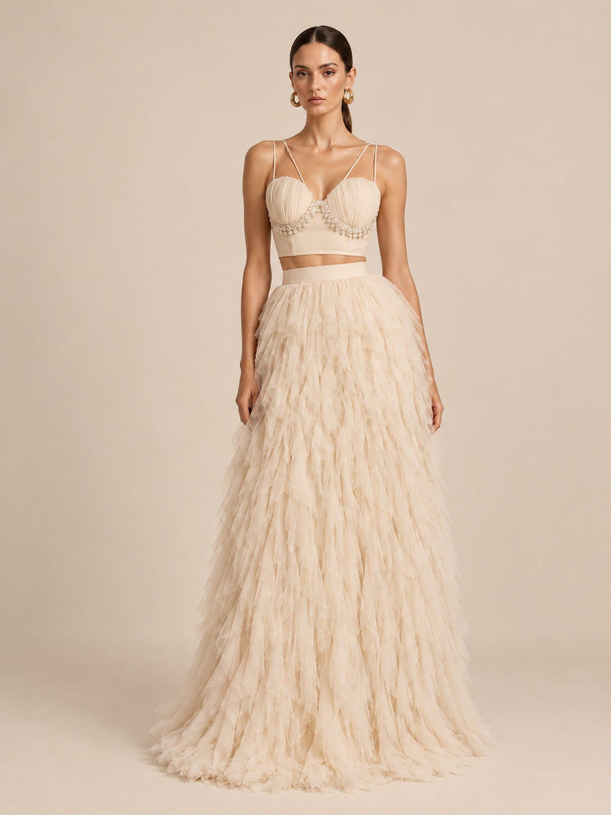Women’s Beige Romantic Tulle Sweetheart Neck Sleeveless A-Line Maxi Dress Set