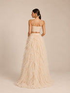 Women’s Beige Romantic Tulle Sweetheart Neck Sleeveless A-Line Maxi Dress Set