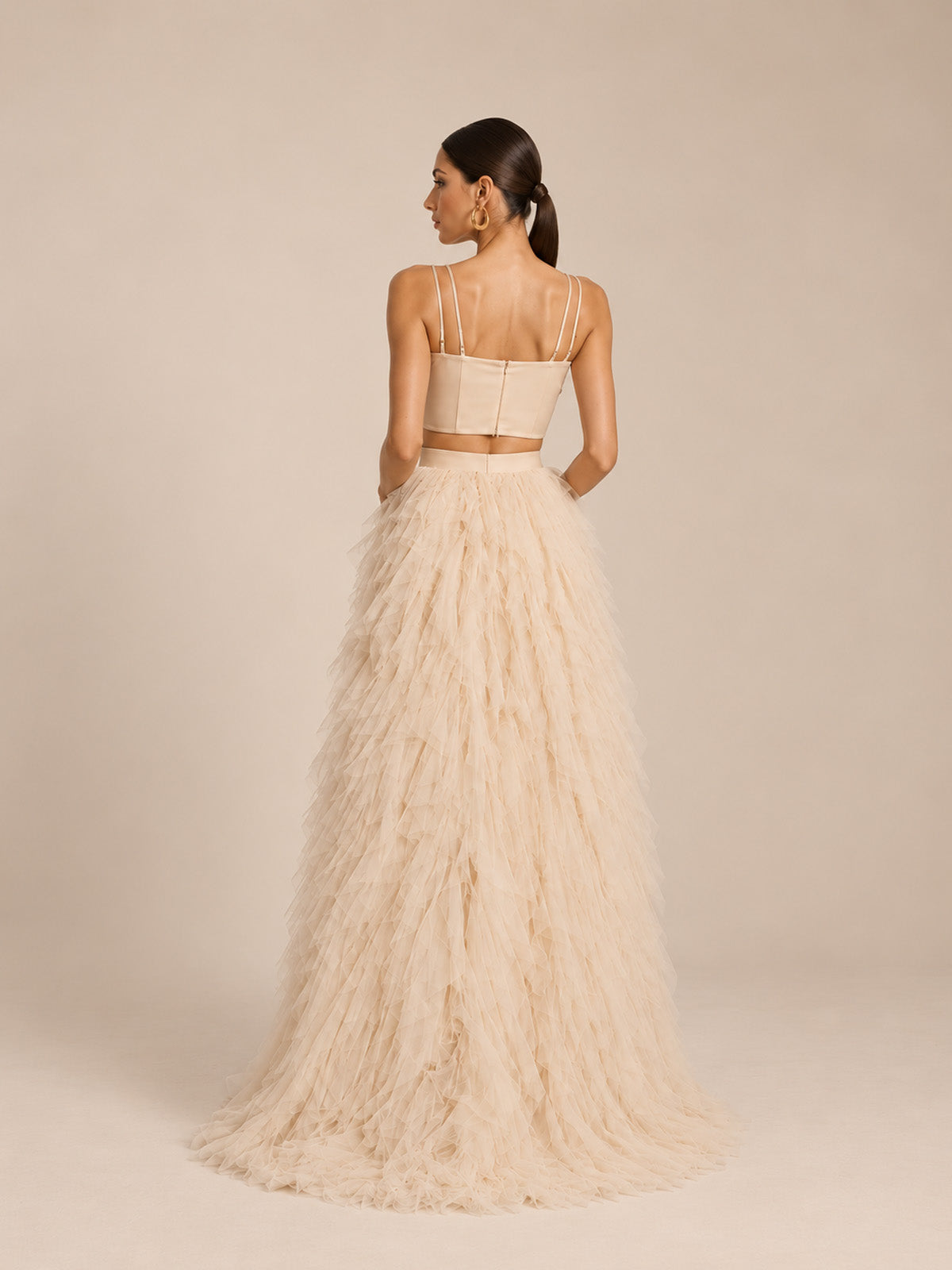 Women’s Beige Romantic Tulle Sweetheart Neck Sleeveless A-Line Maxi Dress Set