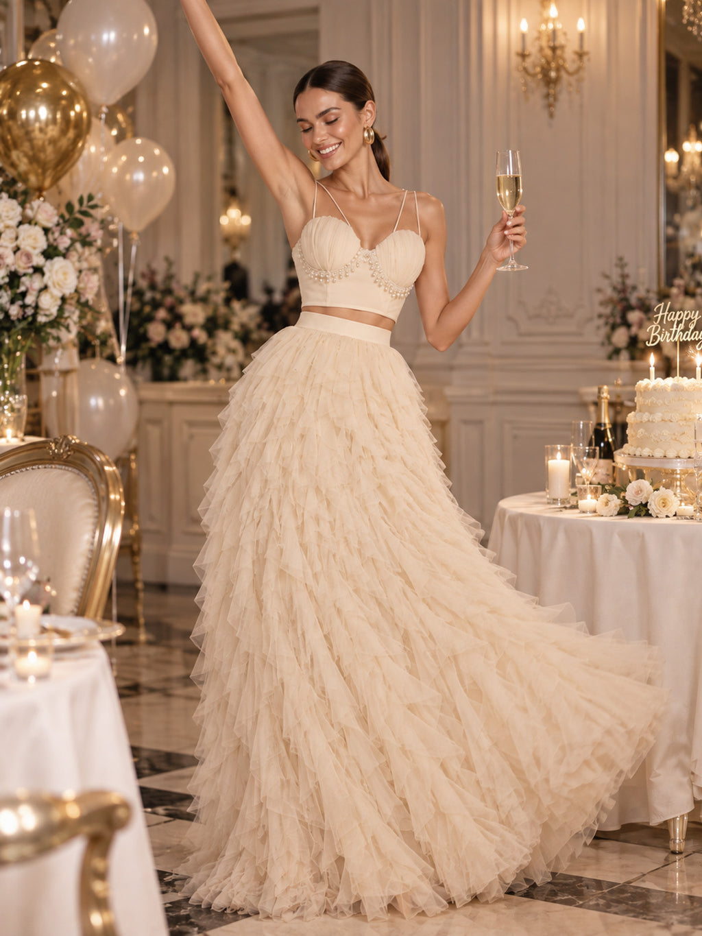 Women’s Beige Romantic Tulle Sweetheart Neck Sleeveless A-Line Maxi Dress Set