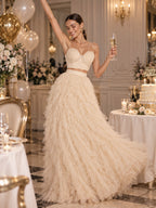 Women’s Beige Romantic Tulle Sweetheart Neck Sleeveless A-Line Maxi Dress Set