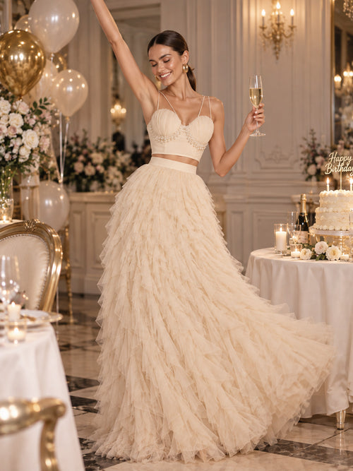 Women’s Beige Romantic Tulle Sweetheart Neck Sleeveless A-Line Maxi Dress Set