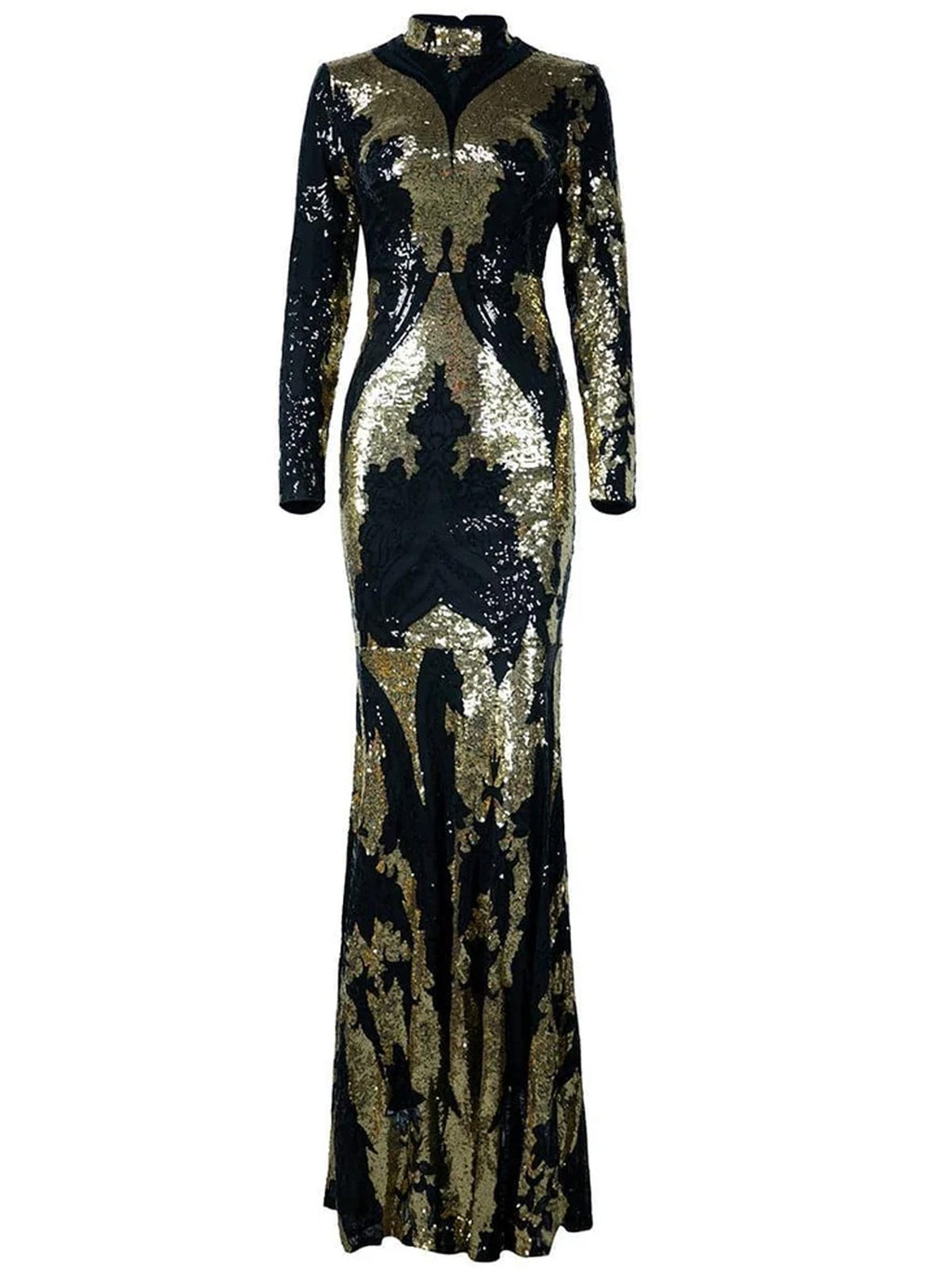 Women’s Black Gold Vintage Sequin Polyester Blend Stand Collar Long Sleeve Fitted Mermaid Maxi Prom Dress