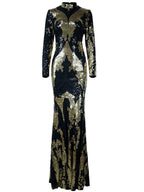 Women’s Black Gold Vintage Sequin Polyester Blend Stand Collar Long Sleeve Fitted Mermaid Maxi Prom Dress