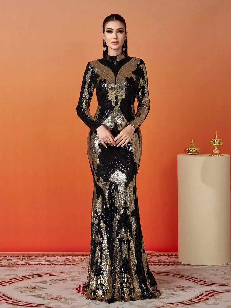 Women’s Black Gold Vintage Sequin Polyester Blend Stand Collar Long Sleeve Fitted Mermaid Maxi Prom Dress