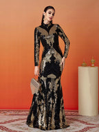 Women’s Black Gold Vintage Sequin Polyester Blend Stand Collar Long Sleeve Fitted Mermaid Maxi Prom Dress