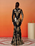 Women’s Black Gold Vintage Sequin Polyester Blend Stand Collar Long Sleeve Fitted Mermaid Maxi Prom Dress
