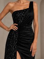 Women’s Black Glamorous Velvet Sequin One-Shoulder Sleeveless Regular Maxi Prom Dress with High Slit