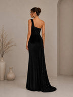 Women’s Black Glamorous Velvet Sequin One-Shoulder Sleeveless Regular Maxi Prom Dress with High Slit