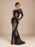 Women’s Red Green Glamorous Sequin Round Neck Long Sleeve Fitted Mermaid Maxi Dress with Open Back