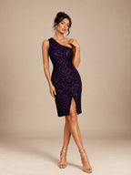 Women’s Purple Glamorous Sequin One Shoulder Sleeveless Slim Mini Dress