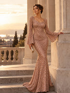Women’s Rose Gold Evening Sequin V-Neck Mermaid Maxi Dress with Bell Sleeves