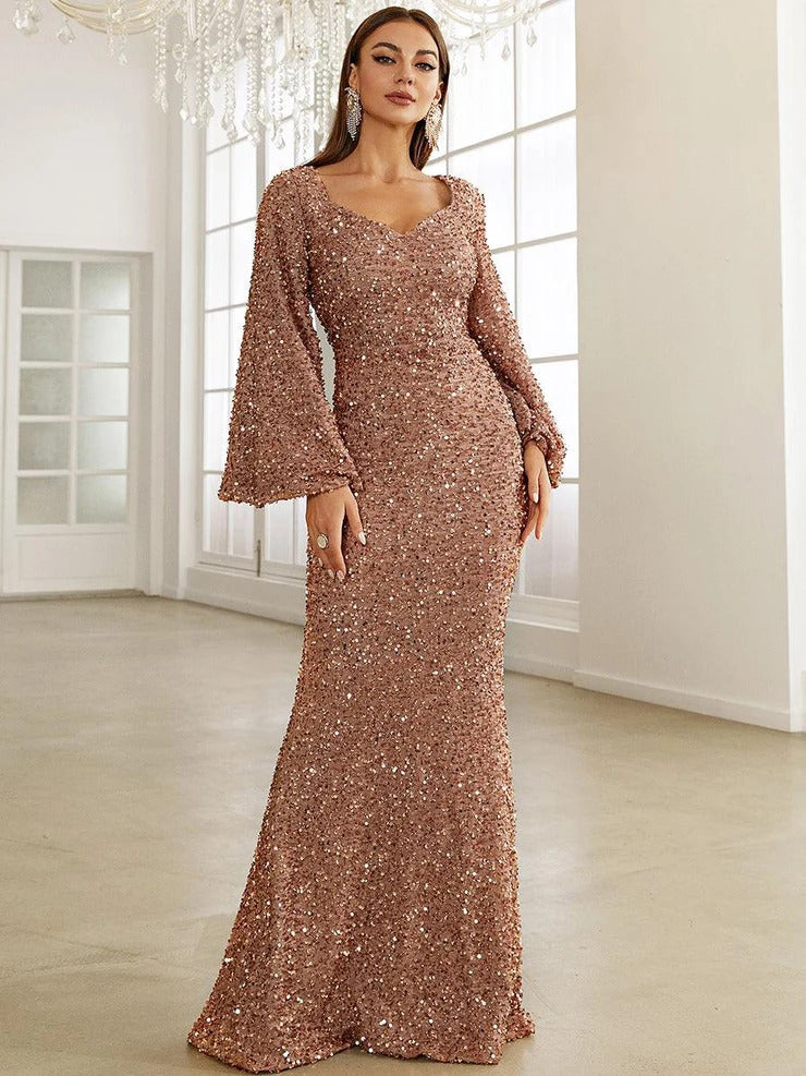 Women’s Rose Gold Evening Sequin V-Neck Mermaid Maxi Dress with Bell Sleeves
