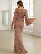 Women’s Rose Gold Evening Sequin V-Neck Mermaid Maxi Dress with Bell Sleeves