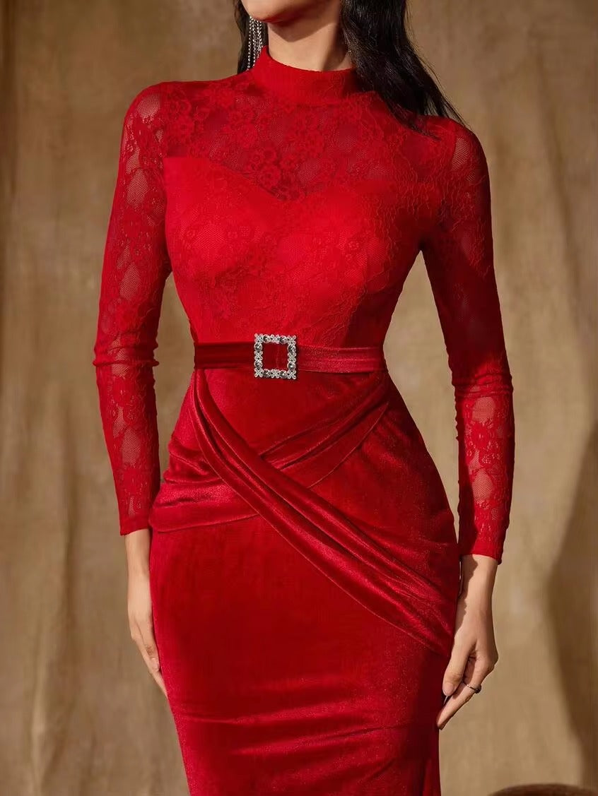 Women’s Red Elegant Velvet Lace High Neck Long Sleeve Mermaid Fit Maxi Evening Dress