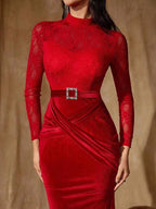Women’s Red Elegant Velvet Lace High Neck Long Sleeve Mermaid Fit Maxi Evening Dress