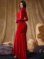 Women’s Red Elegant Velvet Lace High Neck Long Sleeve Mermaid Fit Maxi Evening Dress