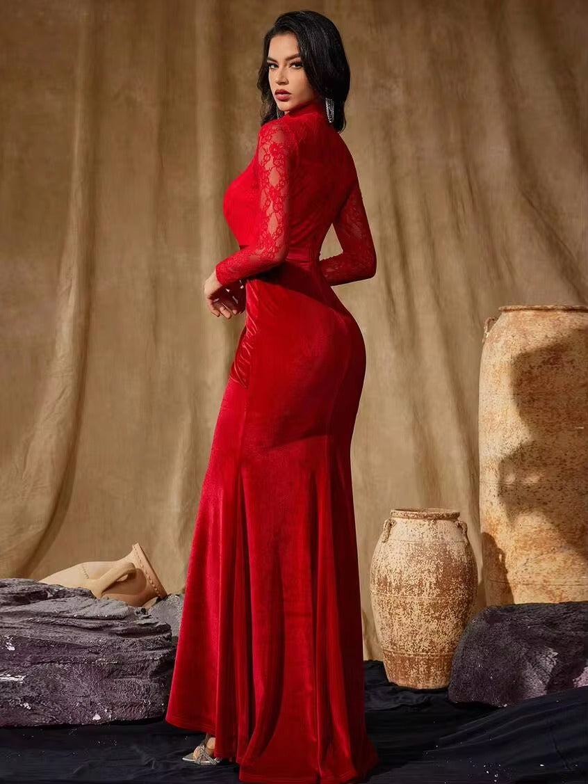 Women’s Red Elegant Velvet Lace High Neck Long Sleeve Mermaid Fit Maxi Evening Dress