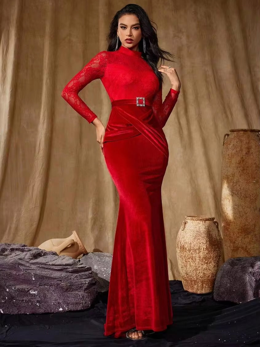 Women’s Red Elegant Velvet Lace High Neck Long Sleeve Mermaid Fit Maxi Evening Dress