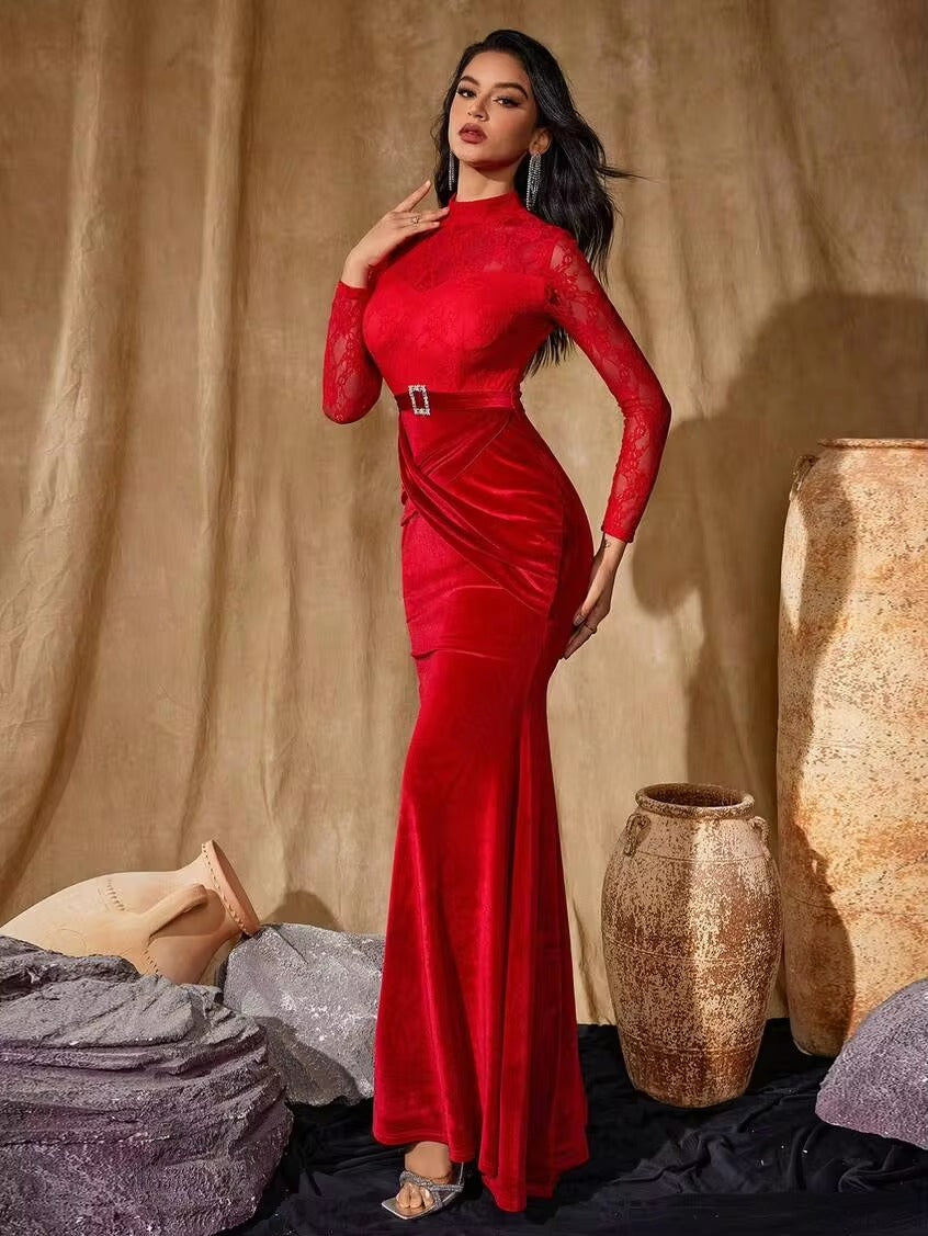 Women’s Red Elegant Velvet Lace High Neck Long Sleeve Mermaid Fit Maxi Evening Dress