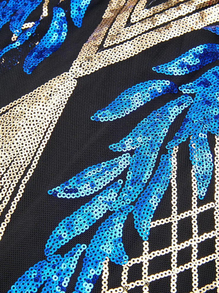 Women’s Blue Luxe Sequin Mesh High Neck Long Sleeve Mermaid Maxi Dress