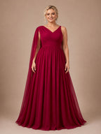 Women’s Burgundy Elegant Chiffon V-Neck Sleeveless A-Line Maxi Dress with Cape Detail