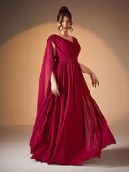 Women’s Burgundy Elegant Chiffon V-Neck Sleeveless A-Line Maxi Dress with Cape Detail
