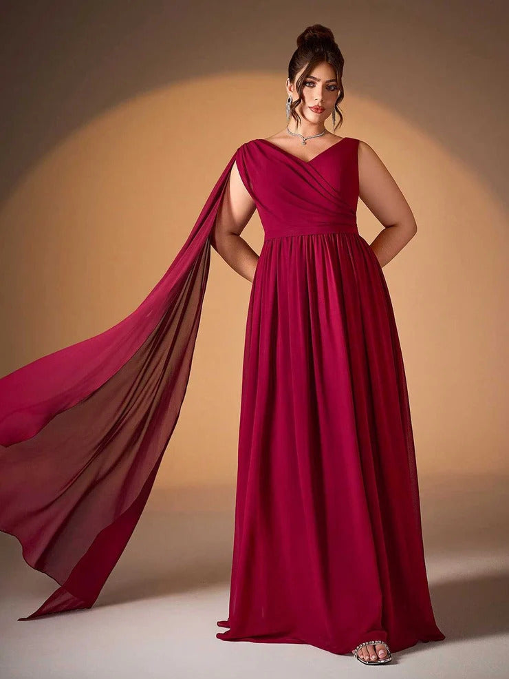Women’s Burgundy Elegant Chiffon V-Neck Sleeveless A-Line Maxi Dress with Cape Detail