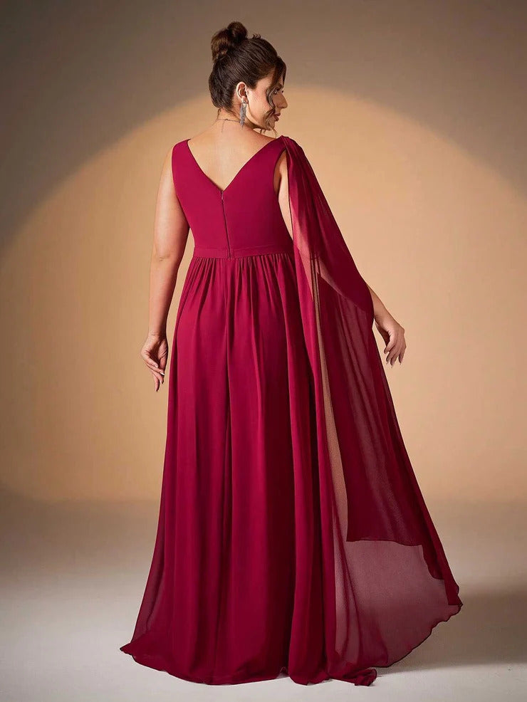 Women’s Burgundy Elegant Chiffon V-Neck Sleeveless A-Line Maxi Dress with Cape Detail