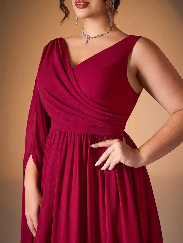 Women’s Burgundy Elegant Chiffon V-Neck Sleeveless A-Line Maxi Dress with Cape Detail