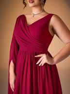 Women’s Burgundy Elegant Chiffon V-Neck Sleeveless A-Line Maxi Dress with Cape Detail