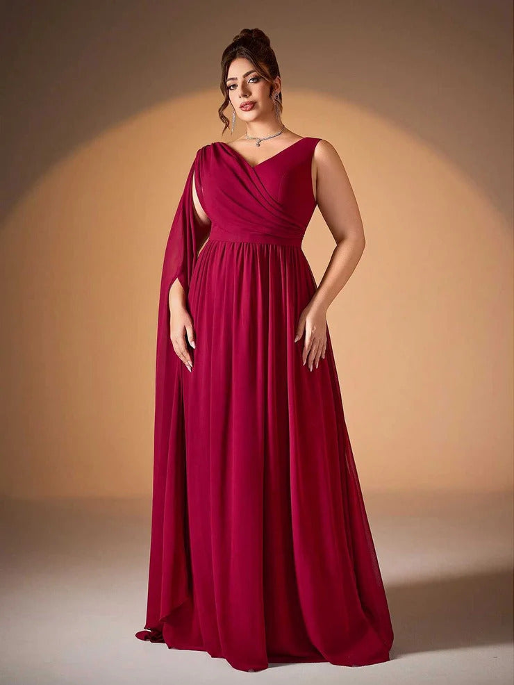 Women’s Burgundy Elegant Chiffon V-Neck Sleeveless A-Line Maxi Dress with Cape Detail