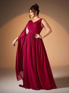 Women’s Burgundy Elegant Chiffon V-Neck Sleeveless A-Line Maxi Dress with Cape Detail