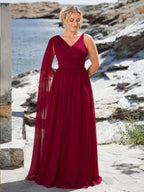 Women’s Burgundy Elegant Chiffon V-Neck Sleeveless A-Line Maxi Dress with Cape Detail