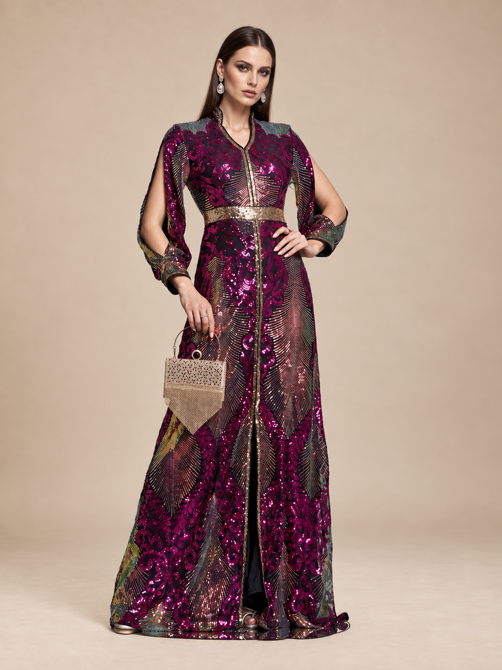 Women’s Multicolor Elegant Sequin Mesh Stand Collar Split Long Sleeve A-Line Maxi Dress with Contrast Trim