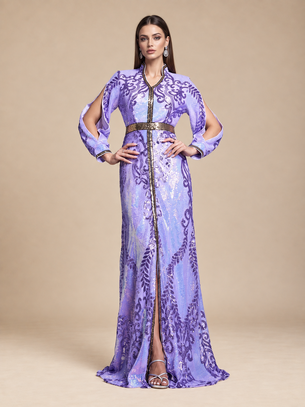 Women’s Multicolor Elegant Sequin Mesh Stand Collar Split Long Sleeve A-Line Maxi Dress with Contrast Trim