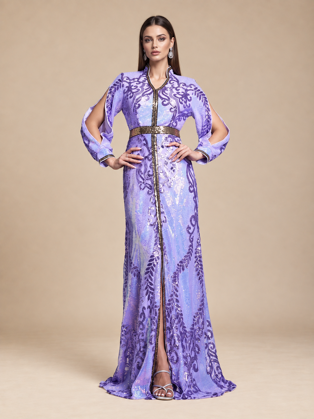 Women’s Multicolor Elegant Sequin Mesh Stand Collar Split Long Sleeve A-Line Maxi Dress with Contrast Trim