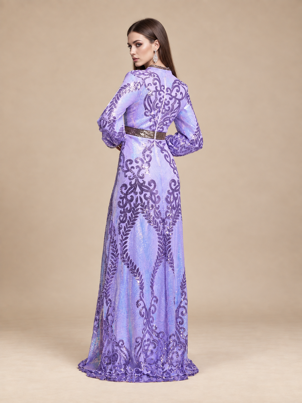 Women’s Multicolor Elegant Sequin Mesh Stand Collar Split Long Sleeve A-Line Maxi Dress with Contrast Trim