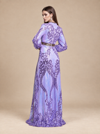 Women’s Multicolor Elegant Sequin Mesh Stand Collar Split Long Sleeve A-Line Maxi Dress with Contrast Trim