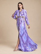 Women’s Multicolor Elegant Sequin Mesh Stand Collar Split Long Sleeve A-Line Maxi Dress with Contrast Trim