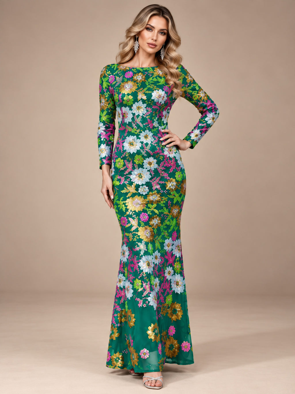 Women’s Royal Blue Floral Sequin Round Neck Long Sleeve Mermaid Maxi Dress