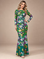 Women’s Royal Blue Floral Sequin Round Neck Long Sleeve Mermaid Maxi Dress